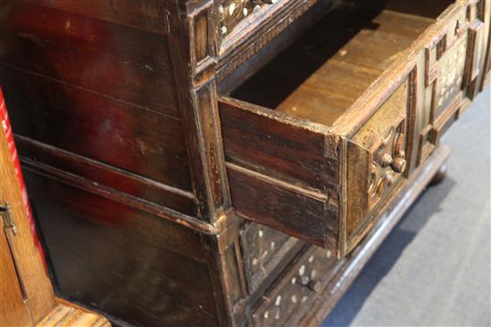 A late 17th century mother of pearl inlaid oak chest, W.3ft 2.5in. D.1ft 9in. H.3ft 1in.